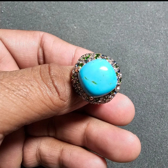 Ladies Turquoise Multi Gemstone Cluster Sterling Silver Statement Cocktail Ring - Picture 2 of 12